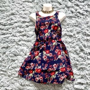 H&M Divided Floral Open Back Roses Flowy Blue Red Green Mini Dress